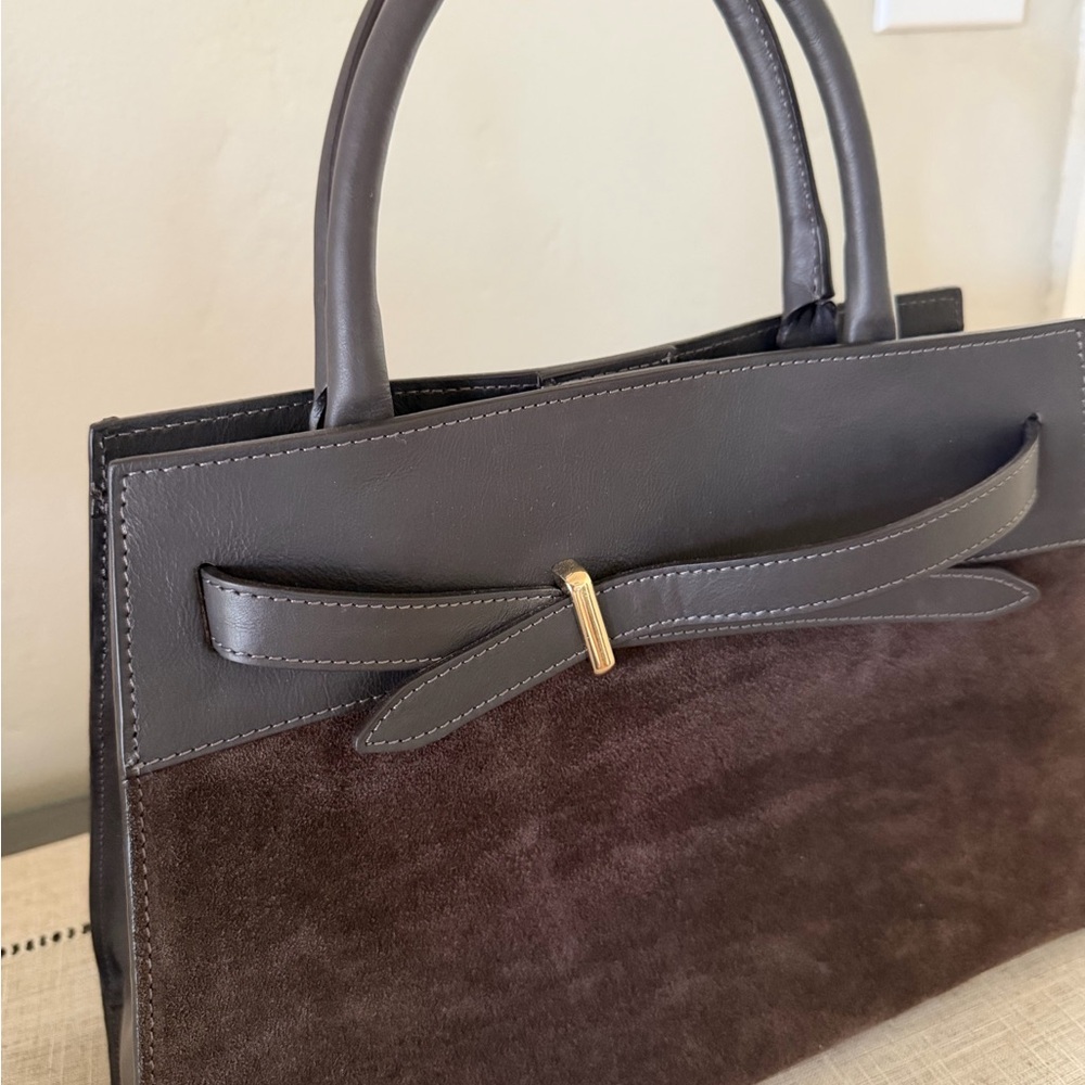 Structured Brown Suede & Leather Top-Handle Handbag - Picture 3 of 10